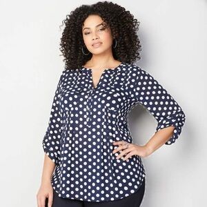 AVENUE Navy & White 3/4 sleeve polka dot blouse